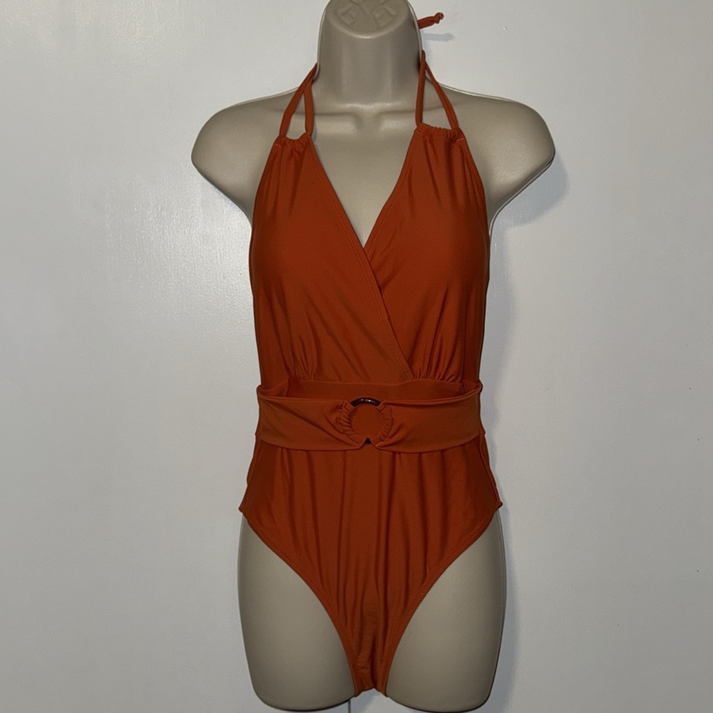 CUPSHE One Piece “Belted” Halter Swimsuit Orange Women’s Medium M